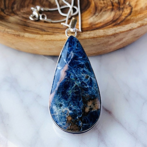 Silver Plated Blue Sodalite Pear Shape Statement Boho Necklace - Picture 1 of 9